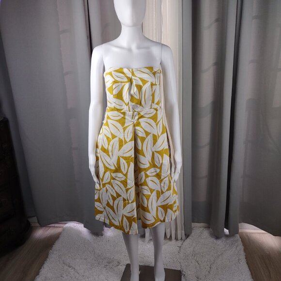 New York & Company Yellow White Leaf Print Cotton Blend Fit & Flare Dress Sz 12 - Picture 2 of 11